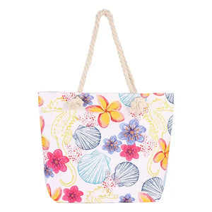 Oyster Shell & Flower Print Ladies Tote Handbag Beach Bag