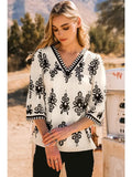 Fashion-W Boho Vintage Geometric 3/4 Sleeve V Neck Blouse