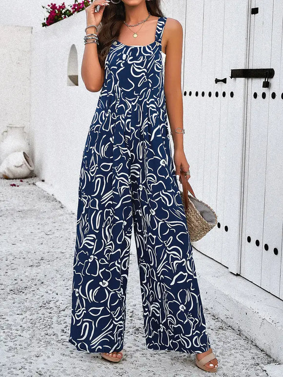 Abstract Print Wide Leg Overall Jumpsuit