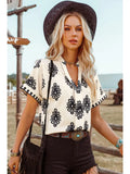 Fashion-W Boho Geometric Print Short Sleeve V Neck Blouse