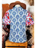 Western Fashion Print Floral Puff Sleeve Frill Neck Blouse