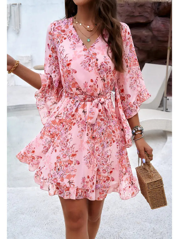 Floral Ruffle Faux Wrap Belted Dress
