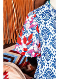 Western Fashion Print Floral Puff Sleeve Frill Neck Blouse
