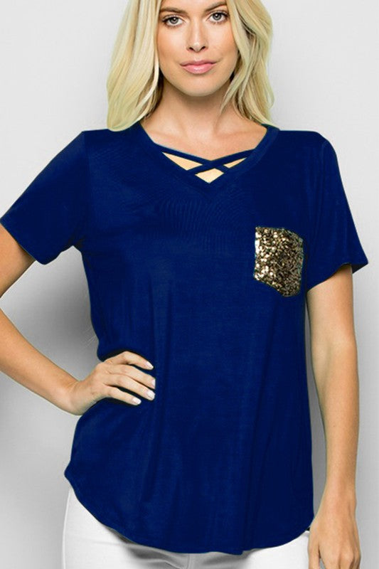 Crisscross Neck Solid Top with Sequins Pocket,,NAVY COLOR