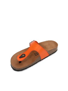 Women Soft Cork Pu Leather T Strap Flip Flops Slippers-ORANGE