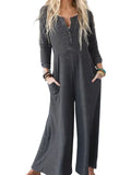 Button Long Sleeve Wide Leg Jumpsuit