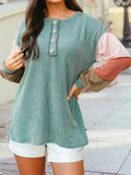 Twisted Ribbed Knit Colorblock Henley Top