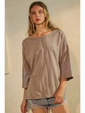 Acid Washed Mixed Fabric Pullover Top