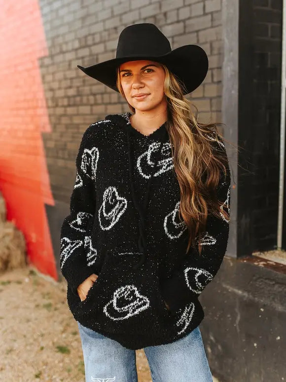 Black White Hat Cozy Fabric Oversize Hoodie