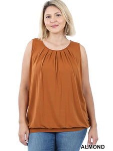 Plus Size Sleeveless Round Neck Pleated Top with WaistbaND-Almond