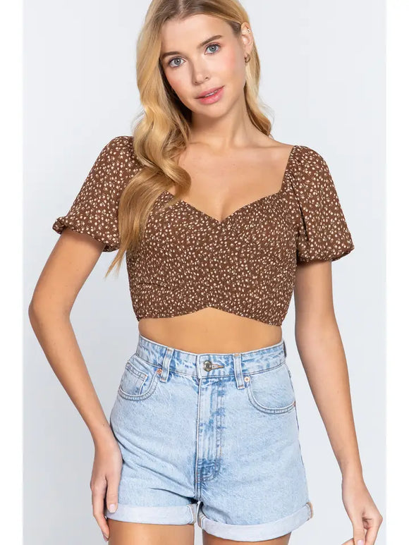 Fitted Short Slv Wrap Print Woven Crop Top