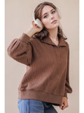 Oversized Half Button Down Casual Waffle Knit Top