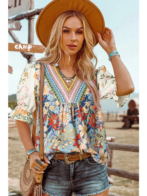 Crochet Boho Half Sleeve Floral Blouse-Missy & Plus Size