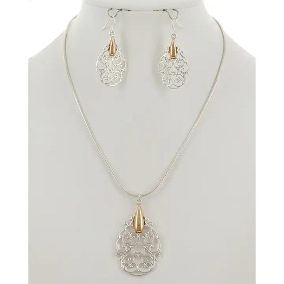 Silver & Gold Filigree Teardrop Pendant Necklace Set