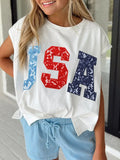 White USA Color Block Letter Printed Dolman Tee