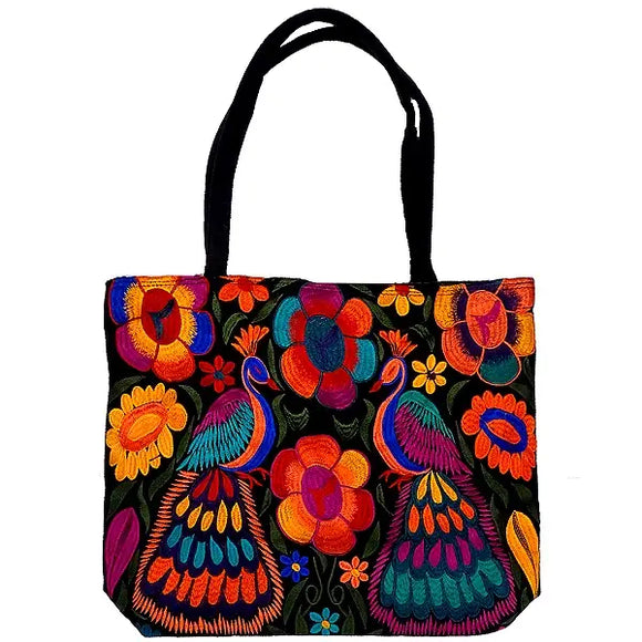 Embroidered Floral Peacock Large Suede Purse Tote Bag