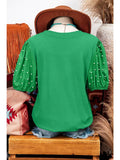 Fashion-W Ribbed Pearl Beaded Puff Sleeve Top