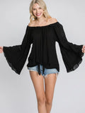 Black Ruffled Off-Shoulder Bell Long Sleeves Top