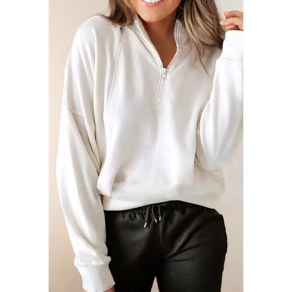 Womens Half Zipped Neck Pullover Drop Shoulder Sweatshirt