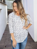 3/4 Sleeve Patterned Brooks Top-Polka Dot White