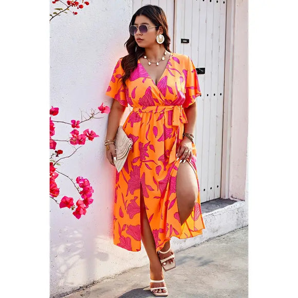 Plus Floral Short Sleeve Split Belted Midi Dress