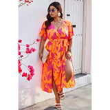 Plus Floral Short Sleeve Split Belted Midi Dress