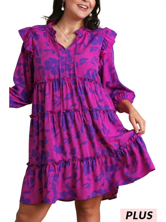 Plus SIZE Tiered Floral Print 3/4 Sleeve Ruffle Neck Tie Dress