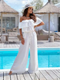 Line-Neck Wide-Leg Romper with Ruffles