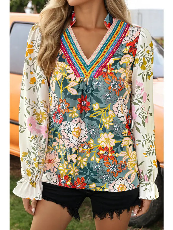 Fashion Floral Print Ruffled Long Sleeve Crochet Trim Blouse