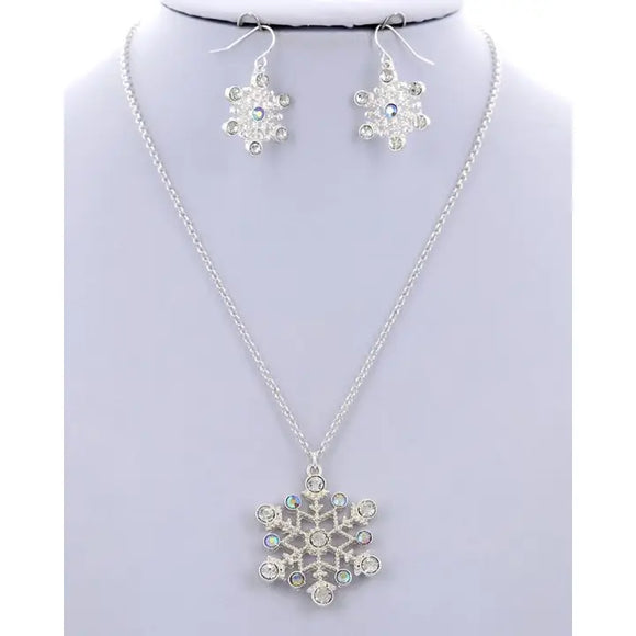 Silver Crystal Ab Snowflake Christmas Necklace Set