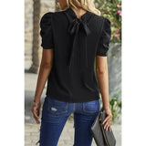 Solid Puff Short Sleeve Mock Neck Pleated T Shirt