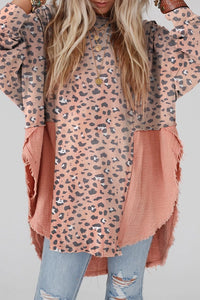 Brown Printed Raw Edge Leopard Patchwork Oversized Blouse