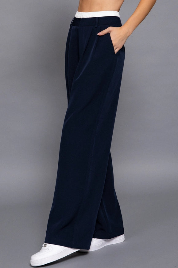 Contrast Waist Band Straight Long Pants