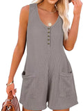Sleeveless Button Waffle Summer Romper with Pockets