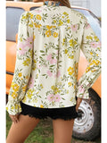 Fashion Floral Print Ruffled Long Sleeve Crochet Trim Blouse
