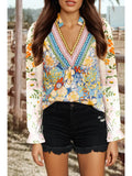 Fashion Floral Print Ruffled Long Sleeve Crochet Trim Blouse