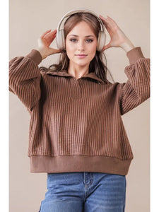 Oversized Half Button Down Casual Waffle Knit Top