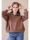 Oversized Half Button Down Casual Waffle Knit Top
