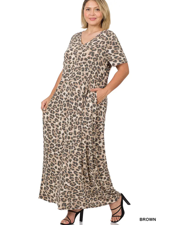 Plus Size Leopard V-Neck Short Sleeve Maxi Dress