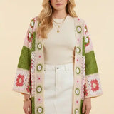 Granny Square Crochet Open-Front Long Cardigan