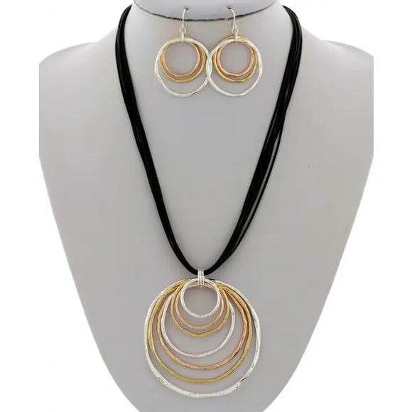 Layered Multi-Ring Pendant Necklace & Earrings Set