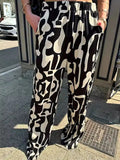 High Waisted Loose Contrast Color Elasticity Printed Split-Joint Pants Trousers