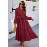 Color Block Belt Button Ruffle Solid Full Dress