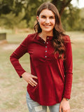 Burgundy Long Sleeve Turquoise Snap Button Henley Top