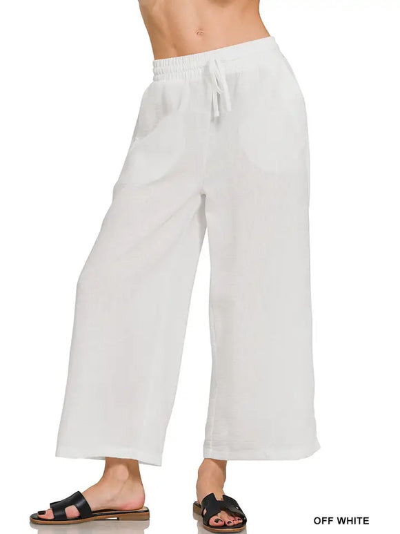 Drawstring Elasticband Waist Wide Pants w/ Pockets