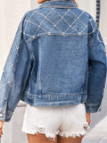 Long Sleeves Blue Embroidery Rivet Denim Jacket