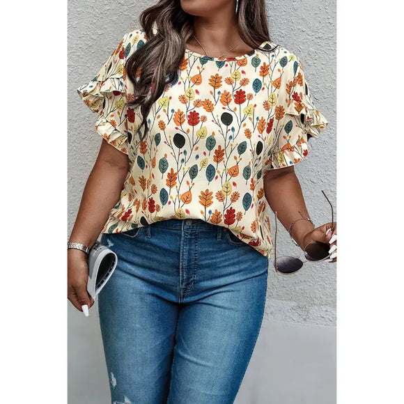 Plus Round Neck Floral Flounce Sleeve Loose Shirt