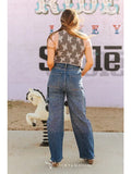 Stone Wash Rhinestone Cargo Barrel High Rise Jeans