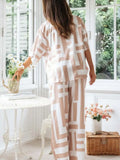 Print Collar Shirt & Wide Leg Pants Set