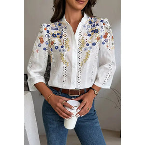 Floral Hollow Out Button Down Long Sleeve Blouse